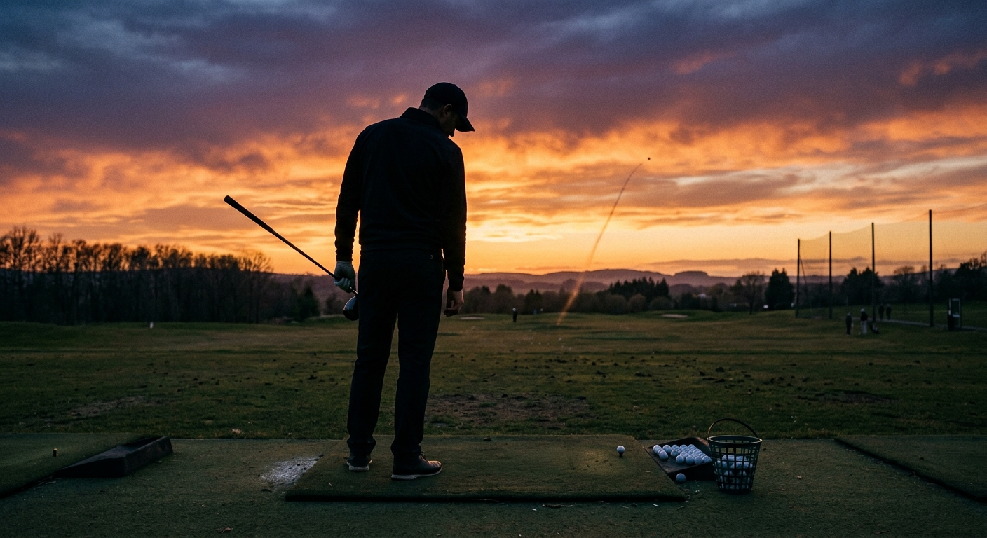 Frustrated golfer at the range at sunset