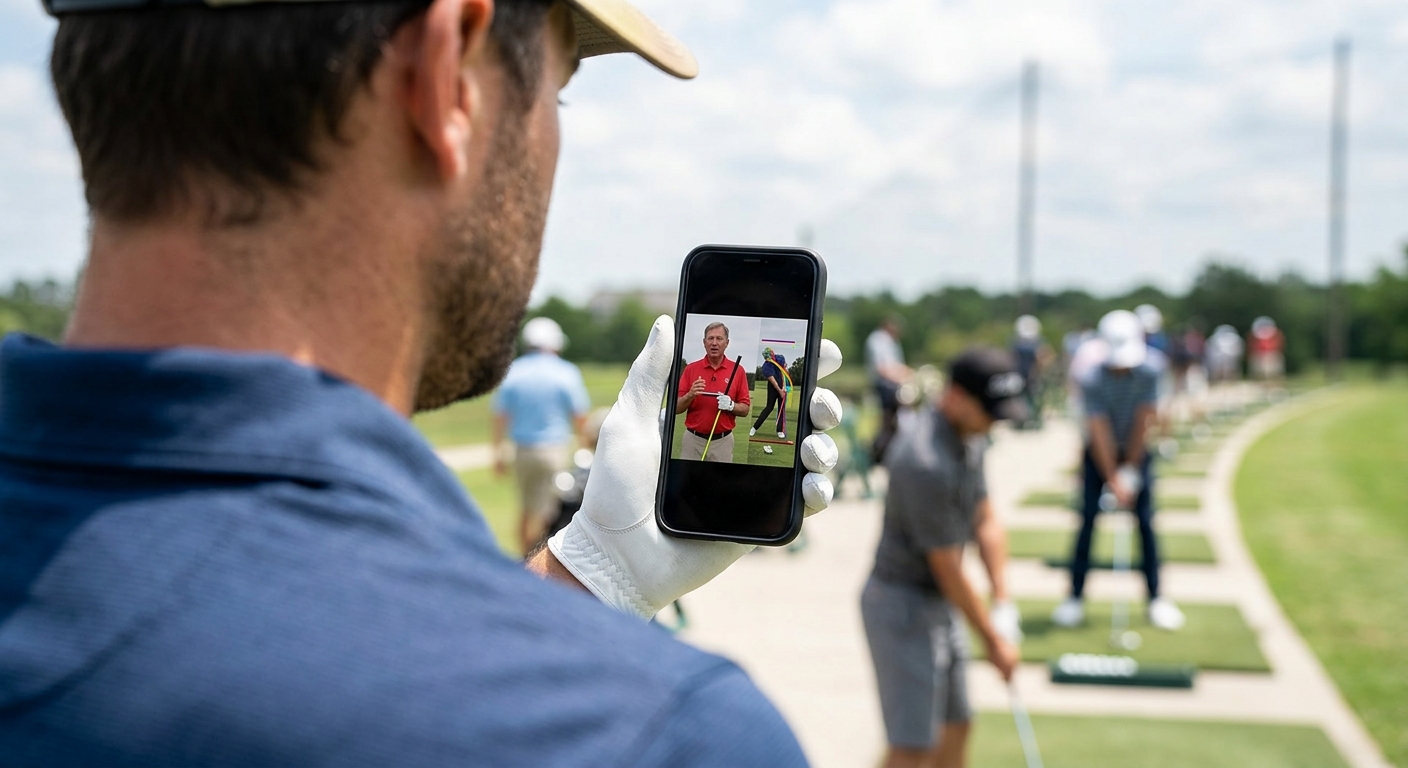 Golfer watching coaching on phone at range